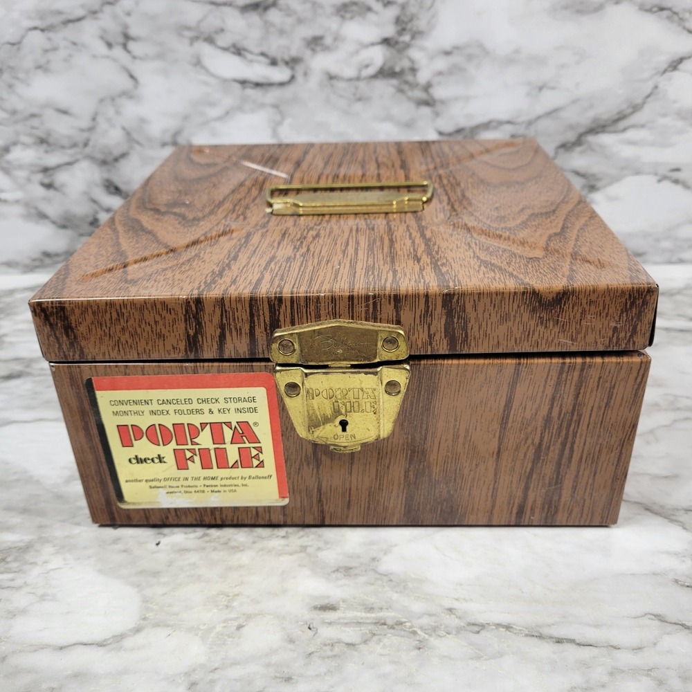 Ballonoff USA Vtg 1960's Wood Grain Tin Porta Check File Metal Lock Box NO KEY
